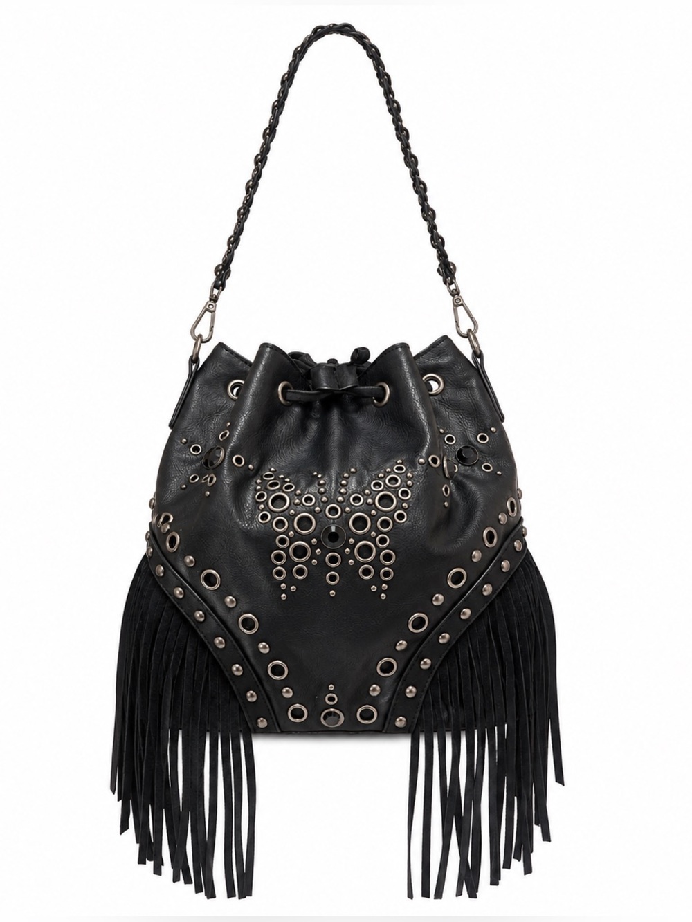 Dolls Kill Current Mood Fringed Bag Black Studded Butterfly Bucket Purse